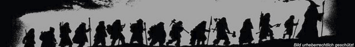 Silhouetten einer Fantasy-Gruppe mit Zauberer und Kriegern unterwegs im Dunkeln.